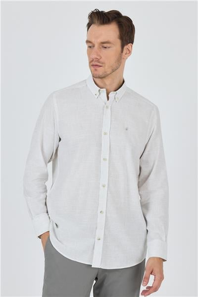 Beyaz Kol Çizgili Desen Bez Ayağı Düğmeli Yaka Cepsiz Pamuklu Classic Comfort Fit Gömlek 1004250198