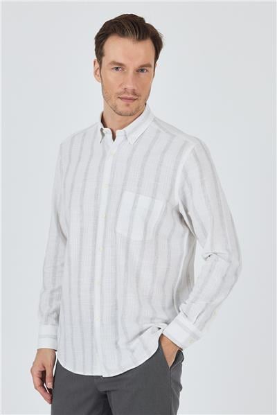 Uzun Kol Çizgili Desen Bez Ayağı Düğmeli Yaka cepli Pamuklu Casual Comfort Fit Gömlek 1004250190