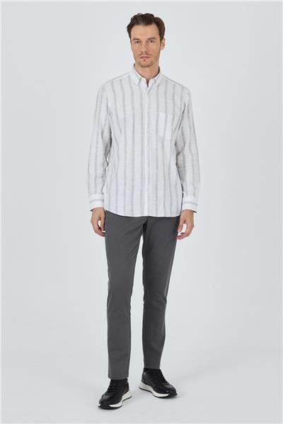 Uzun Kol Çizgili Desen Bez Ayağı Düğmeli Yaka cepli Pamuklu Casual Comfort Fit Gömlek 1004250190