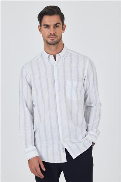 Uzun Kol Çizgili Desen Bez Ayağı Düğmeli Yaka cepli Pamuklu Casual Comfort Fit Gömlek 1004250190