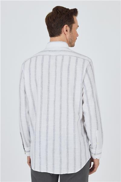 Uzun Kol Çizgili Desen Bez Ayağı Düğmeli Yaka cepli Pamuklu Casual Comfort Fit Gömlek 1004250190