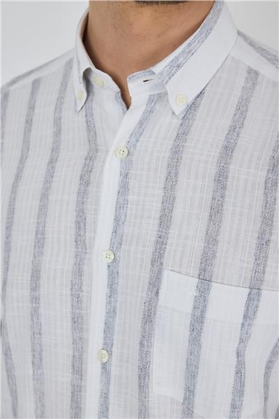 Uzun Kol Çizgili Desen Bez Ayağı Düğmeli Yaka cepli Pamuklu Casual Comfort Fit Gömlek 1004250190