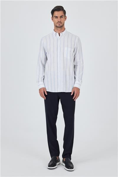 Uzun Kol Çizgili Desen Bez Ayağı Düğmeli Yaka cepli Pamuklu Casual Comfort Fit Gömlek 1004250190