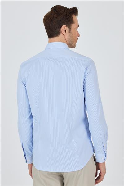 Mavi Uzun Kol Çizgili Desen İtalyan Yaka Esnek Slim Fit Gömlek 1004250200