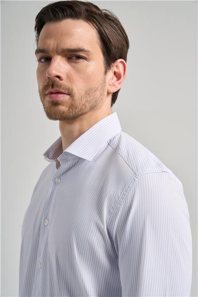 Uzun Kol Çizgili Desen Bez Ayağı İtalyan Yaka Cepsiz Esnek Classic Slim Fit Gömlek 1004250201