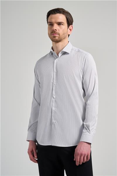 Uzun Kol Çizgili Desen Bez Ayağı İtalyan Yaka Cepsiz Esnek Classic Slim Fit Gömlek 1004250201