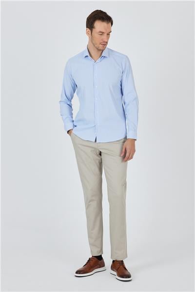 Mavi Uzun Kol Çizgili Desen İtalyan Yaka Esnek Slim Fit Gömlek 1004250200
