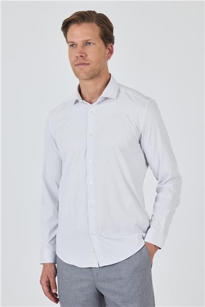 Uzun Kol Çizgili Desen Bez Ayağı İtalyan Yaka Cepsiz Esnek Classic Slim Fit Gömlek 1004250202
