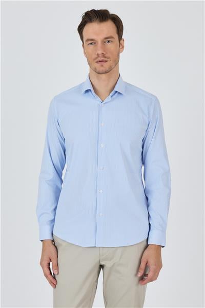 Mavi Uzun Kol Çizgili Desen İtalyan Yaka Esnek Slim Fit Gömlek 1004250200