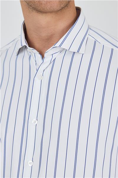 Beyaz Kol Çizgili Desen Bez Ayağı İtalyan Yaka Cepsiz Esnek Classic Slim Fit Gömlek 1004250203