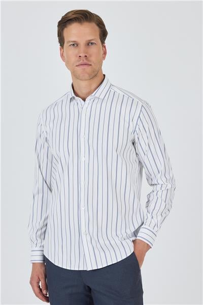 Beyaz Kol Çizgili Desen Bez Ayağı İtalyan Yaka Cepsiz Esnek Classic Slim Fit Gömlek 1004250203