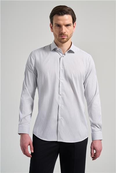 Uzun Kol Çizgili Desen Bez Ayağı İtalyan Yaka Cepsiz Esnek Classic Slim Fit Gömlek 1004250201