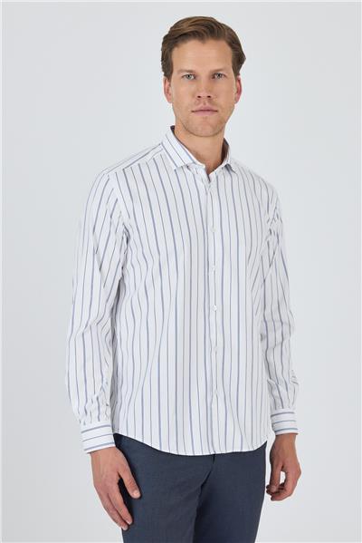 Beyaz Kol Çizgili Desen Bez Ayağı İtalyan Yaka Cepsiz Esnek Classic Slim Fit Gömlek 1004250203