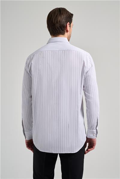 Beyaz Kol Çizgili Desen Bez Ayağı İtalyan Yaka cepli Pamuklu Classic Comfort Fit Gömlek 1004250182