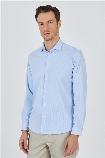 Mavi Uzun Kol Çizgili Desen İtalyan Yaka Esnek Slim Fit Gömlek 1004250200