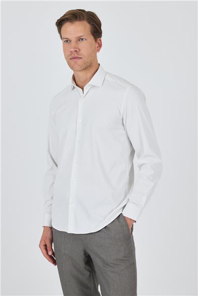 Uzun Kol Çizgili Desen Bez Ayağı İtalyan Yaka Cepsiz Esnek Classic Slim Fit Gömlek 1004250202