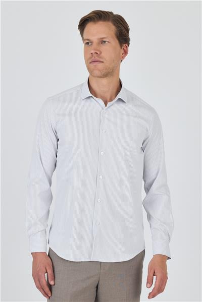Beyaz-Gri Uzun Kol Çizgili Desen Bez Ayağı İtalyan Yaka Cepsiz Esnek Classic Slim Fit Gömlek 1004250202