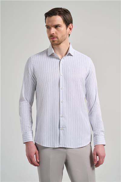 Uzun Kol Çizgili Desen Bez Ayağı İtalyan Yaka Cepsiz Pamuklu Classic Slim Fit Gömlek 1004250181