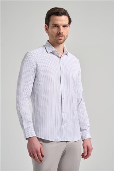 Uzun Kol Çizgili Desen Bez Ayağı İtalyan Yaka Cepsiz Pamuklu Classic Slim Fit Gömlek 1004250181
