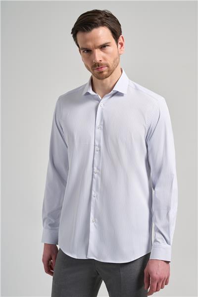 Uzun Kol Çizgili Desen Bez Ayağı İtalyan Yaka Cepsiz Esnek Classic Slim Fit Gömlek 1004250201