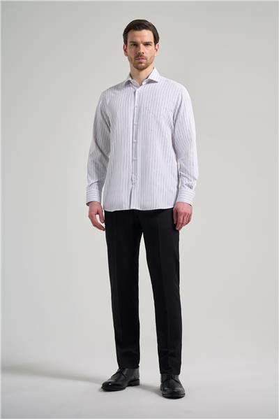 Beyaz Kol Çizgili Desen Bez Ayağı İtalyan Yaka cepli Pamuklu Classic Comfort Fit Gömlek 1004250182