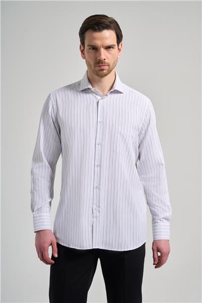 Beyaz Kol Çizgili Desen Bez Ayağı İtalyan Yaka cepli Pamuklu Classic Comfort Fit Gömlek 1004250182