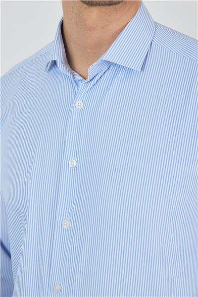 Mavi Uzun Kol Çizgili Desen İtalyan Yaka Esnek Slim Fit Gömlek 1004250200