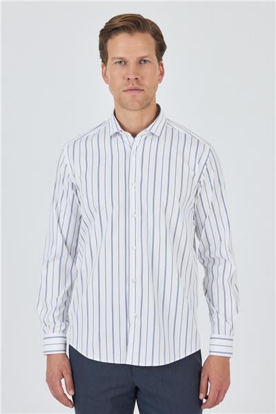 Beyaz Kol Çizgili Desen Bez Ayağı İtalyan Yaka Cepsiz Esnek Classic Slim Fit Gömlek 1004250203