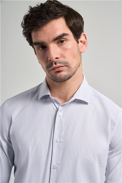 Uzun Kol Çizgili Desen Bez Ayağı İtalyan Yaka Cepsiz Esnek Classic Slim Fit Gömlek 1004250201