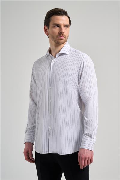 Beyaz Kol Çizgili Desen Bez Ayağı İtalyan Yaka cepli Pamuklu Classic Comfort Fit Gömlek 1004250182