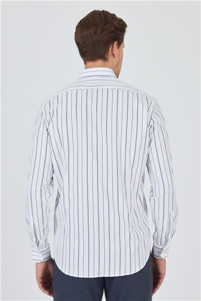 Beyaz Kol Çizgili Desen Bez Ayağı İtalyan Yaka Cepsiz Esnek Classic Slim Fit Gömlek 1004250203