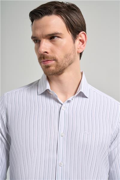 Uzun Kol Çizgili Desen Bez Ayağı İtalyan Yaka Cepsiz Pamuklu Classic Slim Fit Gömlek 1004250181