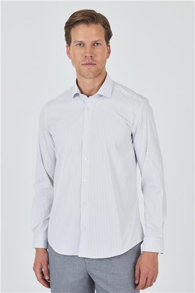 Uzun Kol Çizgili Desen Bez Ayağı Sert Yaka Cepsiz Esnek Classic Slim Fit Gömlek 1004250159