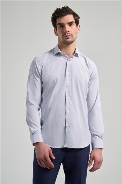 Uzun Kol Çizgili Desen Bez Ayağı Sert Yaka Cepsiz Esnek Classic Slim Fit Gömlek 1004250158