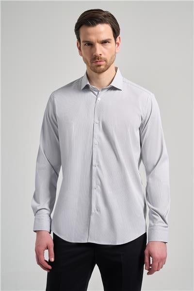 Uzun Kol Çizgili Desen Bez Ayağı Sert Yaka Cepsiz Esnek Classic Slim Fit Gömlek 1004250158