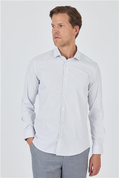 Uzun Kol Çizgili Desen Bez Ayağı Sert Yaka Cepsiz Esnek Classic Slim Fit Gömlek 1004250159
