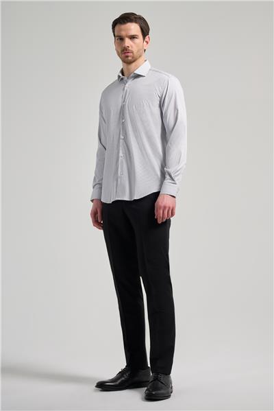 Uzun Kol Çizgili Desen Bez Ayağı Sert Yaka Cepsiz Esnek Classic Slim Fit Gömlek 1004250158