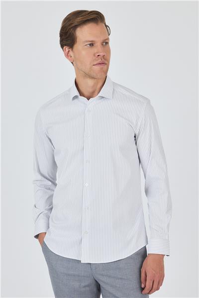 Uzun Kol Çizgili Desen Bez Ayağı Sert Yaka Cepsiz Esnek Classic Slim Fit Gömlek 1004250159
