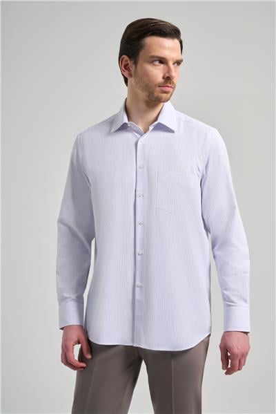Uzun Kol Çizgili Desen Bez Ayağı Sert Yaka cepli Pamuklu Classic Comfort Fit Gömlek 1004250172