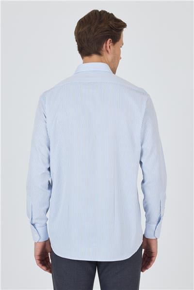 Beyaz-Mavi Uzun Kol Çizgili Desen Bez Ayağı Sert Yaka cepli Pamuklu Classic Comfort Fit Gömlek 1004250179