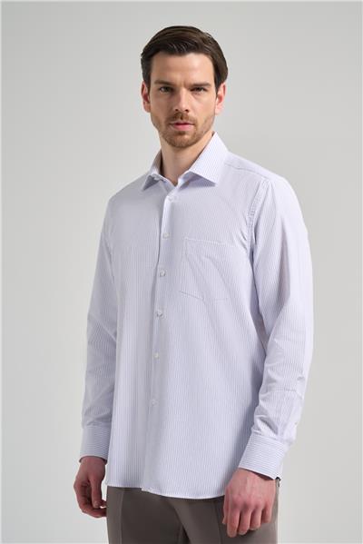 Uzun Kol Çizgili Desen Bez Ayağı Sert Yaka cepli Pamuklu Classic Comfort Fit Gömlek 1004250172