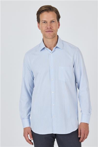 Beyaz-Mavi Uzun Kol Çizgili Desen Bez Ayağı Sert Yaka cepli Pamuklu Classic Comfort Fit Gömlek 1004250179