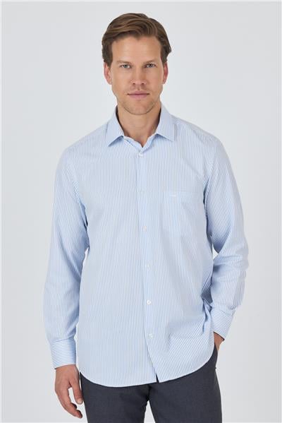 Beyaz-Mavi Uzun Kol Çizgili Desen Bez Ayağı Sert Yaka cepli Pamuklu Classic Comfort Fit Gömlek 1004250179