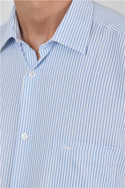 Beyaz-Mavi Uzun Kol Çizgili Desen Bez Ayağı Sert Yaka cepli Pamuklu Classic Comfort Fit Gömlek 1004250179