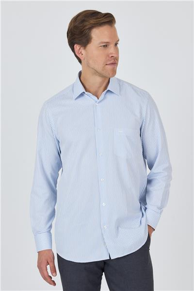 Beyaz-Mavi Uzun Kol Çizgili Desen Bez Ayağı Sert Yaka cepli Pamuklu Classic Comfort Fit Gömlek 1004250179