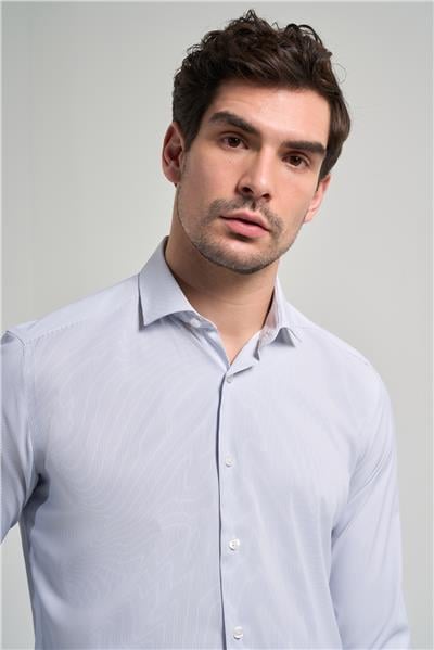 Uzun Kol Çizgili Desen Bez Ayağı Sert Yaka Cepsiz Esnek Classic Slim Fit Gömlek 1004250158