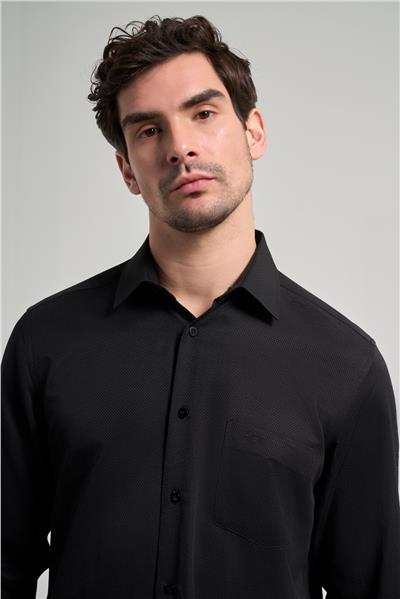 Siyah Kol Desenli Armürlü Sert Yaka cepli Pamuklu Classic Comfort Fit Gömlek 1004250171
