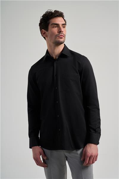 Siyah Kol Desenli Armürlü Sert Yaka cepli Pamuklu Classic Comfort Fit Gömlek 1004250171