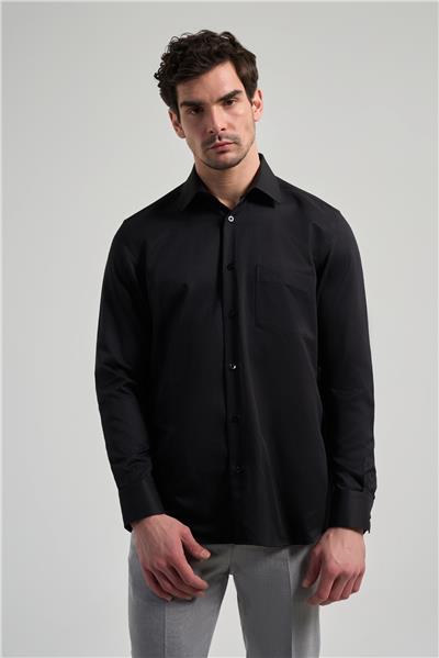 Siyah Kol Desenli Armürlü Sert Yaka cepli Pamuklu Classic Comfort Fit Gömlek 1004250171