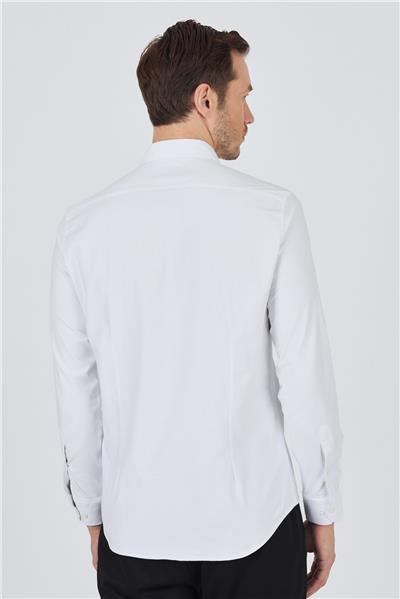 Beyaz Kol Düz Bez Ayağı Düğmeli Yaka Cepsiz Pamuklu Casual Slim Fit Gömlek 1004250212